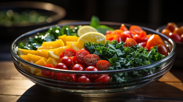 Foto amplo banner do facebook diferentes legumes frescos e saudáveis do menu de dieta e pedaços de frutas em uma tigela de vidro