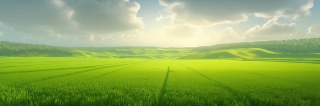 Amplo panorama de campos verdes exuberantes sob um céu ensolarado com nuvens Ilustração realista de IA generativa