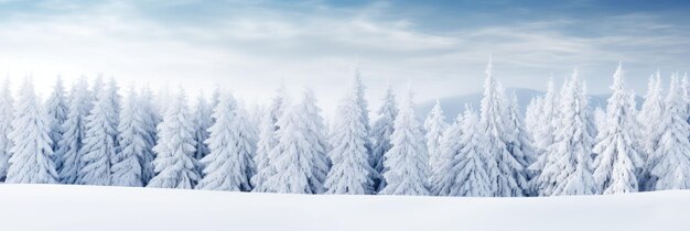 Amplo panorama de pinheiros e campos de neve depois das nevascas no inverno