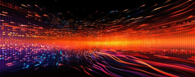 Amplo panorama de um fluxo de dados digitais fluindo em um vibrante tom de néon vermilhão