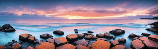 Amplo panorama do belo pôr do sol sobre o mar calmo Nascer do sol sobre o mar Banner da Web ou impressão Fundo do conceito de férias de férias Generative AI