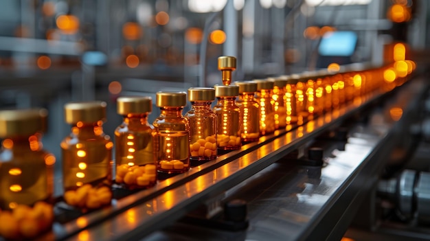 Ampolas de vidro estão sendo enchidas em uma moderna fábrica farmacêutica Processo de fabricação de medicamentos