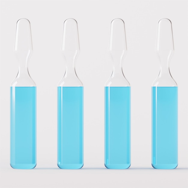 Foto ampolla de vidrio transparente. ampolla con medicamento sobre un fondo blanco. representación 3d.