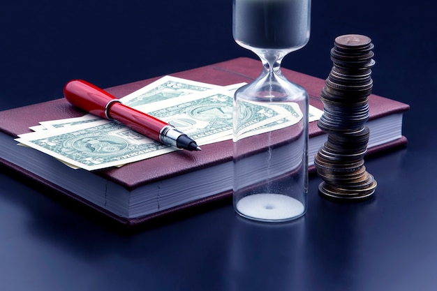 Foto ampulheta, dinheiro, caneta e caderno estão na mesa