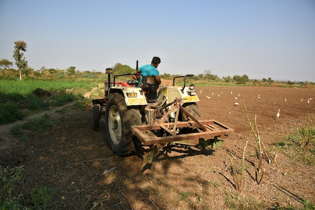 Amravati, maharashtra, indien - 3. feb 2017: nicht identifizierter landwirt im traktor, der land für die aussaat mit saatbettgrubber vorbereitet.