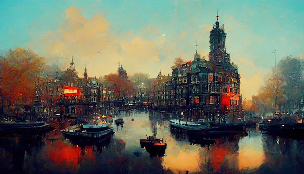 Amsterdam Holanda ilustração de pintura Skyline da cidade de Amsterdam