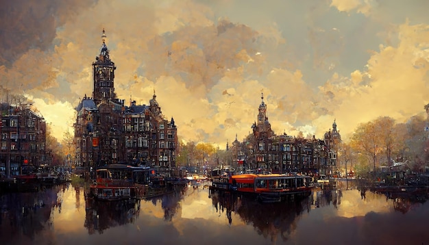 Amsterdam Niederlande Malerei Illustration Skyline der Stadt Amsterdam