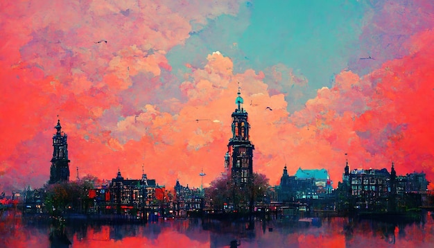 Amsterdam Países Bajos pintura ilustración Amsterdam ciudad horizonte