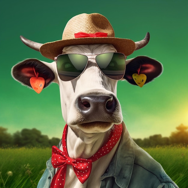 Amüsante Kuh mit Sonnenbrille und rotem Hut, die vor einem grünen Feldhintergrund steht. Generative KI