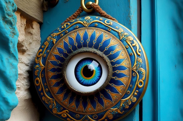 Amuleto de olho protegendo contra mau-olhado com pupila azul e ornamento