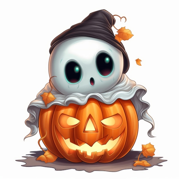 Foto amuleto fofo de halloween o engraçado fantasma branco com presas carregando uma lanterna de abóbora embrulhada em teia de aranha h