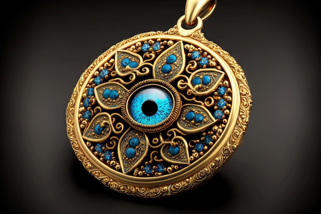 Amuleto redondo decorado com pedras azuis e ornamento contra mau-olhado