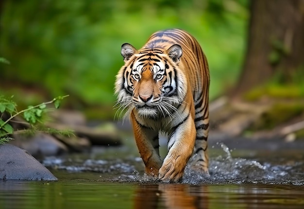Amur-Tiger läuft im Wasser. Gefährliches Tier. Tier in einem grünen Waldbach. Generative KI