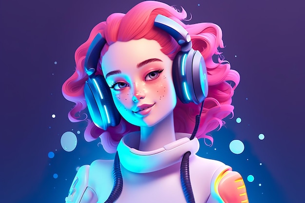 amzaing y elegante ilustración de una chica moderna con auriculares en luces de discoteca de fiesta rojas y azules