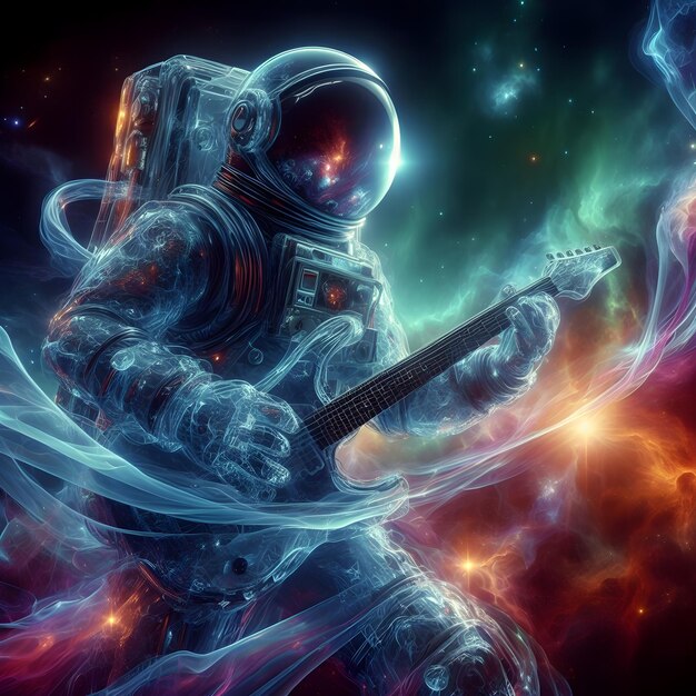 Foto an astronaut passionately playing a guitar in the vastness of space