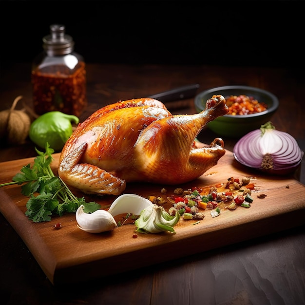 An Bord gebratenes Hähnchen mit Gewürzen und Saucen