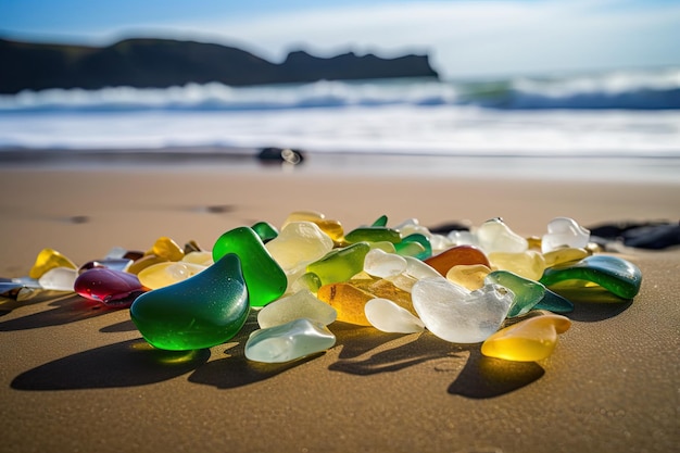 An der Küste gefundenes buntes Strandglas mit Wellen im Hintergrund, erstellt mit generativer KI