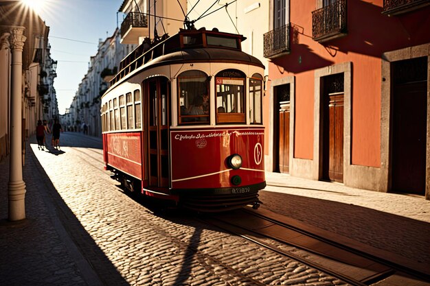 An der Old Lisbon Street ist eine traditionelle rote Straßenbahn zu sehen