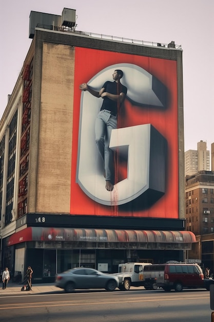 An der Seite eines Gebäudes befindet sich eine große Anzeige für einen Mann mit dem großen Buchstaben „c“ darauf.