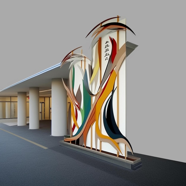 An der Seite eines Gebäudes mit generativer KI befindet sich eine große, farbenfrohe Skulptur