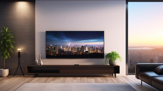An der Wand im Wohnzimmer hängt ein großer Fernseher mit generativer Klimaanlage