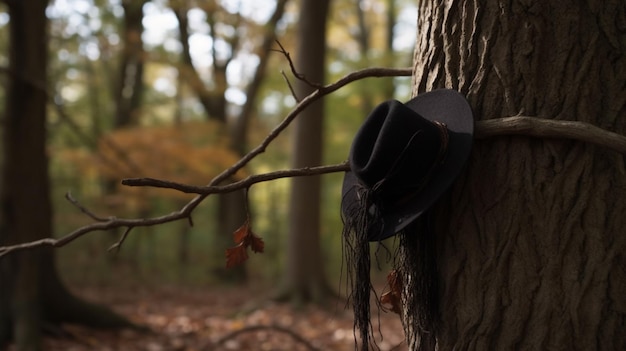 An einem Baum im Wald hängt ein Hut.