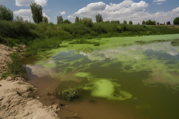 An einem Flussufer blühen giftige Algen aufgrund von landwirtschaftlichem Abfluss, der durch generative KI erzeugt wird