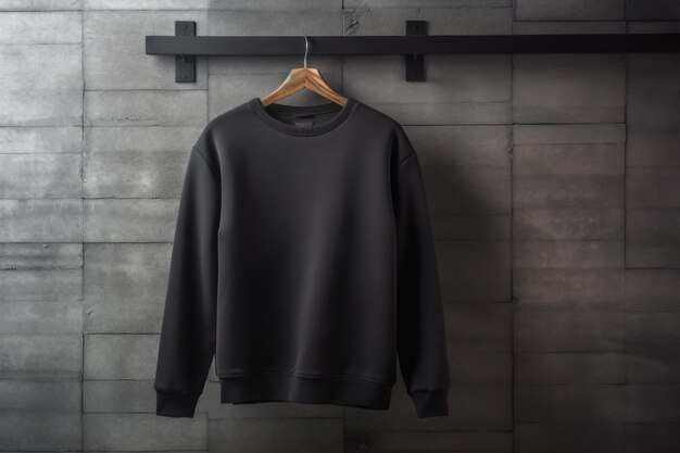 An einem Holzständer hängt ein schwarzer Pullover, daran hängt ein schwarzes Hemd.