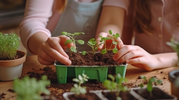 An einem Holztisch mit generativer KI sieht man eine Mutter und eine Tochter beim gemeinsamen Eintopfen von Samen