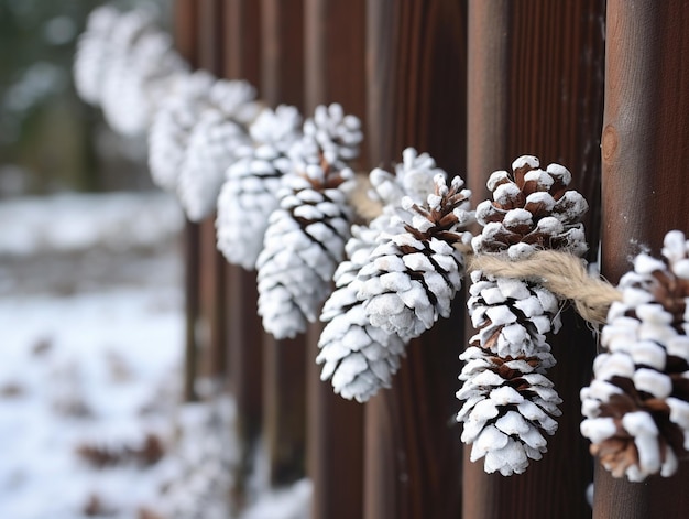 An einem Holzzaun hängen Tannenzapfen in der schneebedeckten Luft