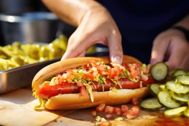 An einem Imbissstand wird von Hand ein Hotdog mit Gurken geschichtet