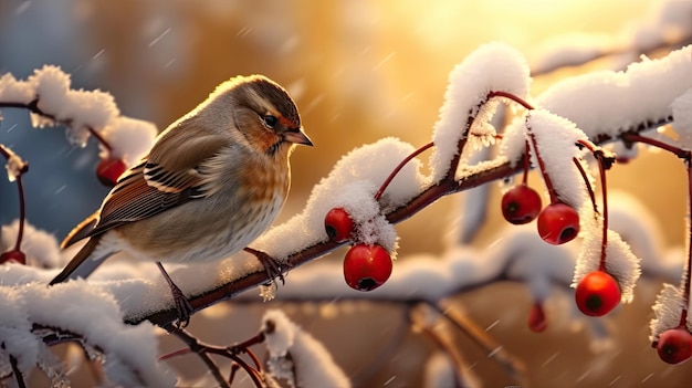 An einem kühlen Wintermorgen saß ein gefrorener Spatz auf einem dornigen und schneebedeckten Ast einer Hagebutte mit roten Beeren