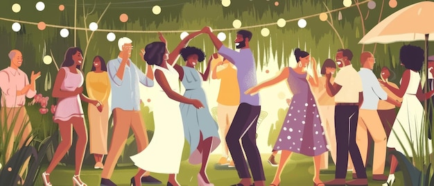 An einem perfekten Sommernachmittag tanzt eine vielfältige Gruppe von Freunden und Familien zusammen bei einer Gartenfeier im Freien.