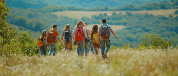 An einem Sommertag wandert eine Gruppe von Freunden zusammen, eine Gruppe von Freunde auf einer Wanderung durch die Landschaft.