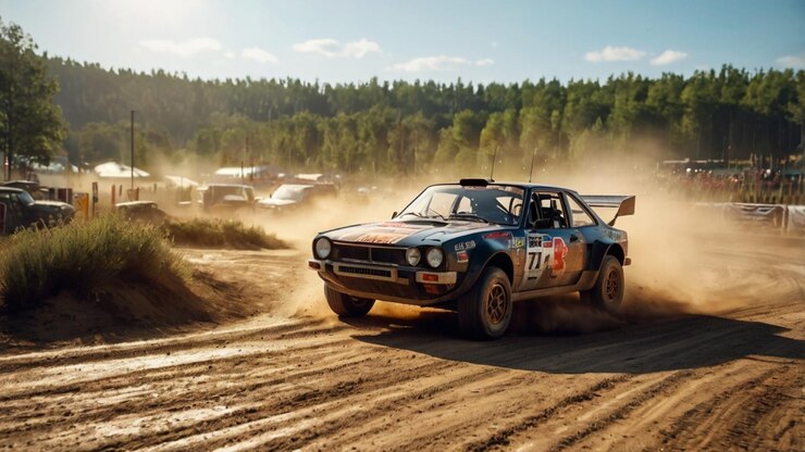 Foto an einem sonnigen sommertag fährt ein sportwagen um eine ecke und schmeißt viel staub auf.
