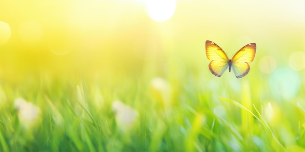 An einem sonnigen Tag fliegt ein Schmetterling im Gras.