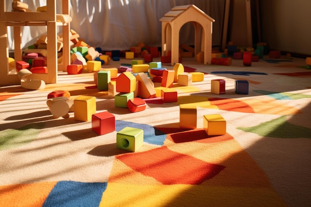 An einem sonnigen Tag ist ein Spielzimmer mit verstreuten Holz-Spielzeugziegeln auf dem Teppich gefüllt