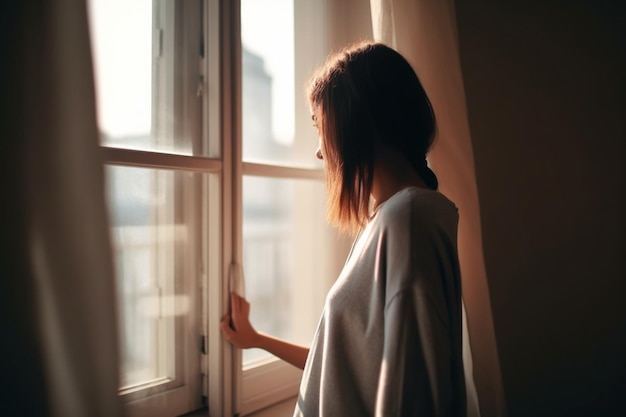 An einem sonnigen Tag steht eine nicht wiederzuerkennende junge Frau am Fenster