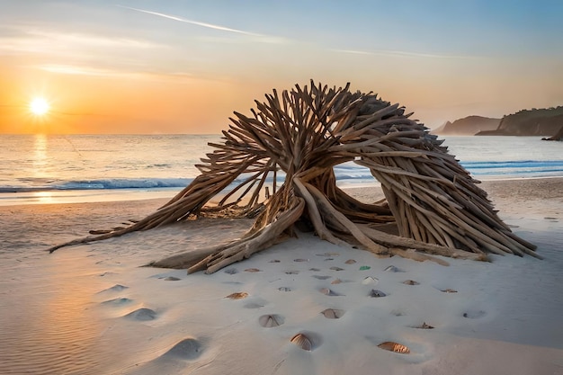 An einem Strand steht ein Gebäude aus Treibholz.