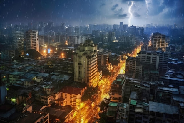 An einem stürmischen Abend regnet es in Strömen auf die Straßen der Stadt