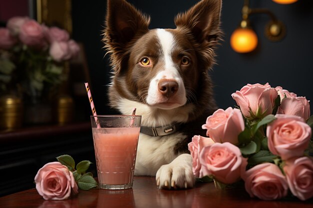 An einem Tisch sitzt ein Hund mit einem Glas milcherzeugender KI