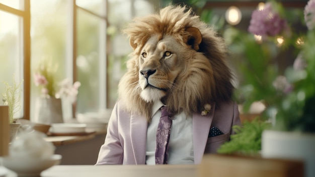 An einem Tisch sitzt ein Löwe in einem Anzug mit generativer KI