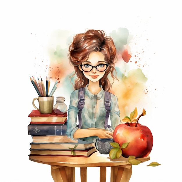 An einem Tisch sitzt eine Frau mit Büchern und einer generativen Apfel-KI
