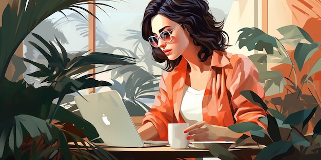 An einem Tisch sitzt eine Frau mit einem Laptop mit generativer KI