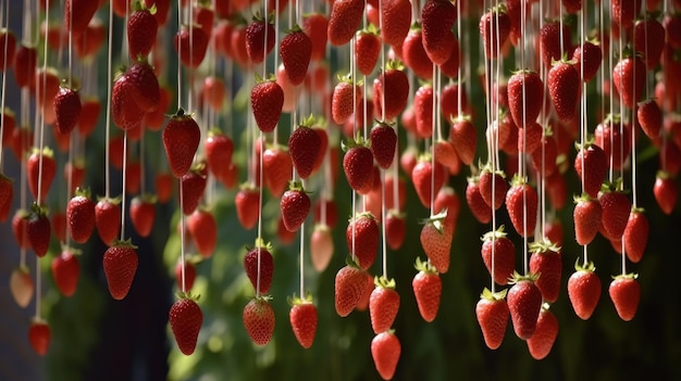 An einer Schnur hängt eine Ausstellung mit Erdbeeren.