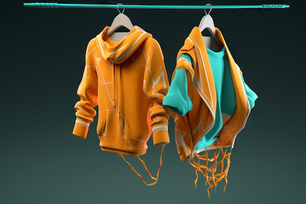 An einer Wäscheleine hängt ein Paar orangefarbener Pullover, auf denen das Wort steht.