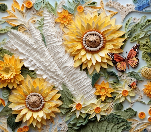 An einer Wand hängt ein Bild einer Sonnenblume und eines Schmetterlings