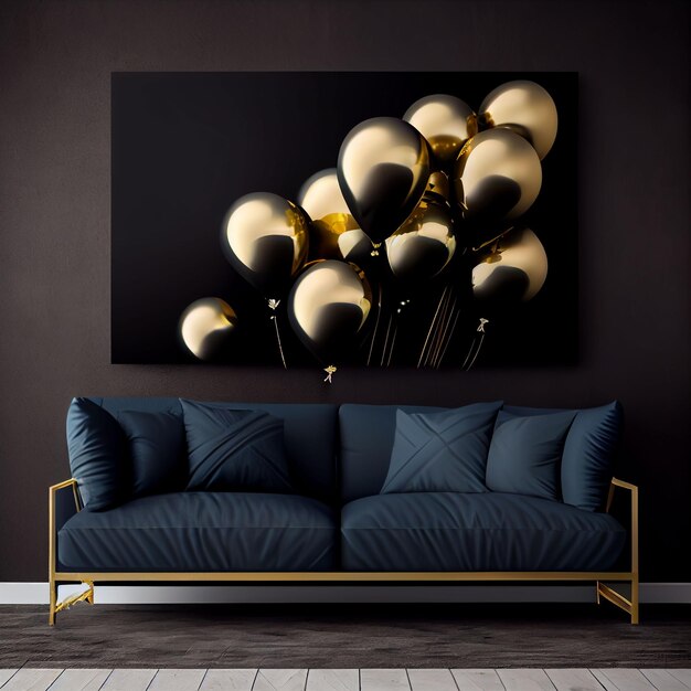 An einer Wand hängt ein Bild mit Luftballons.