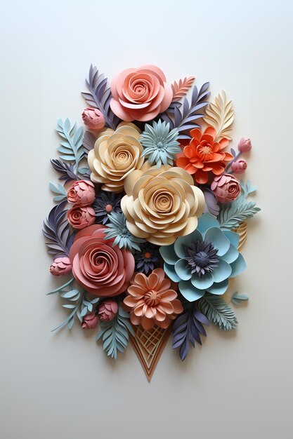 An einer Wand hängt ein Blumenarrangement aus Papier mit generativen Blättern