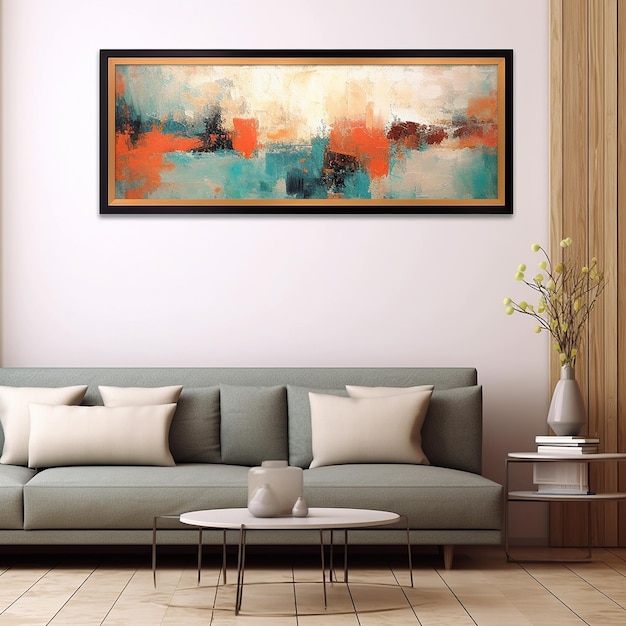 An einer Wand über einer Couch hängt ein Gemälde.